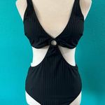 Aerie NWT  Wide Rib Cut Out Ring One Piece Swimsuit True Black Beach Surf Photo 2