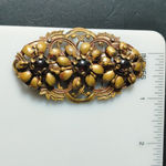 Antique Brooch Victorian Art Nouveau Gold Tone Floral Gilt Brass Dark Glass Photo 2