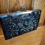 Sequin Evening Bag Black & Silver Chain Formal Prom Vanity Snap Top Purse Photo 2