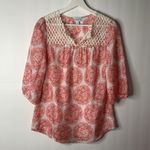 Calypso St. Barth  Size XS Blouse Top Silk Pink Floral Boho Mandala Crochet Trim Photo 2