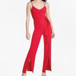 Dress the Population Red Rouge Stevie V Neck Wide Leg Belt Jumpsuit Size Medium Photo 2