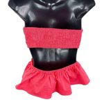 SUMMER Coral Ruched Halter Top Peekaboo Back Elastic Waist Peplum Hem Women’s S Orange Photo 2