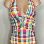 New. Plunge neck plaid swimsuit. Size 12. Regularly $89 Pink Photo 2