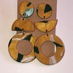 Geometric Gold Tone Shimmer and Green Retro Boho Clay Statement Earrings Photo 0