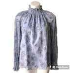 Rebecca Taylor ✨ Smocked Neck Silk Rose Print Sz. 10 Blouse Light Blue Metallic✨ Photo 10