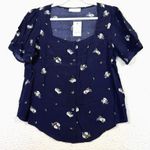 Elodie  Blouse Womens Large Navy Blue Floral Button Short Puff Sleeve Cottage Photo 0