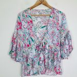 l*space L* Lilly floral bell sleeve ruffle tie front cropped swim cover top. XS Photo 1