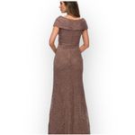 La Femme 27982 Gown Women's 2 Cocoa V-Neck Off Shoulder Knit Lace Long Dress Photo 1