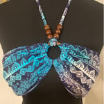 Wetseal Tie Bikini Top Blue‎ White Wood Beads Ring Center Size Large Y2K Beach Blue Photo 0