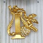 Vintage Gold Tone Harp Brooch Pin Cupid Angels Rhinestone Heart 1.75" Photo 5