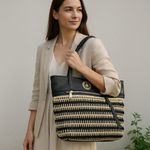 Beverly Hills Polo Club ‎ Tan & Black Woven Straw Faux Leather Tote Boho Beach Photo 6