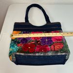 Guatemalan 100% Cotton Handmade Vibrant Embroidered Denim Medium Sized Tote Blue Photo 5
