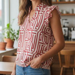 MICHELLE MCDOWELL Marley Touchdown Top In Crimson/White Ruffle Sleeves Size M Red Size M Photo 0