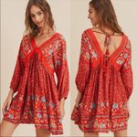 In Loom ✨
Cherry Red Floral BOHO Deep V Neck Tassel Tie Low Back Tunic Mini Dress✨ Photo 1