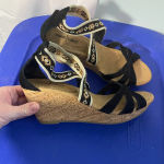 Minnetonka  Drew Black Leather Cork Wedge‎ Heeled Platform Sandals Size 9 Photo 2
