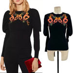 Karen Millen Karen‎ Millen Embellished Puff-Sleeve Sweater Black Floral Size Medium Photo 1