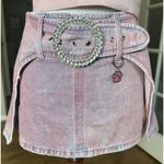 Y2K Pink Denim Mini Skirt Rhinestone Belt Paw Charm Distressed Size S Photo 0