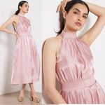 Evereve  o.p.t. Caralyn Midi Dress in Blush Pink Silky Satin Draped Medium Photo 0