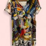 AQRL abstract art roll sleeve Basquiat ruffle mini linen blend breezy boutique Red Photo 1