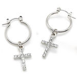 Silver Cross Hoops – Minimalist Rhinestone Earrings, Dainty Christian Jewelry Photo 0