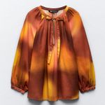 ZARA  Tie Dye Print Oversized Blouse with Tie in Orange Photo 0