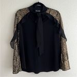7th Avenue New York & Company Black Blouse Gold Lace Long Sleeves Neck Tie Large Multiple Photo 10