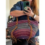 NWT Handwoven Purple & Teal Boho Retro Tote Bag with Leather Straps tassels Photo 12