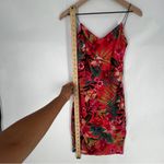 Papaya Coral Green Mesh Tropical Floral Print Spaghetti Strap V-Neck Mini Dress Photo 9