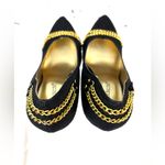 Shoe Dazzle 6.5 Platform Faux Suede Black Stiletto Heels with Gold Chain Accents Photo 4