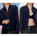 ZARA  Striped Organza Long Sleeve Full Zip Bomber Sheer Jacket Navy Womens Medium Photo 2