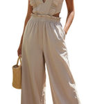 HAYDEN LOS ANGELES Ruffle Strap Wide Leg Pin Striped Cotton Jumpsuit EUC Small Tan Photo 0