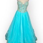 Terani Couture  Formal Gown Women's Med Blue Embellished Strapless A-Line Maxi Photo 0