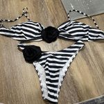 Black and White Striped Bikini Set with flower Photo 0