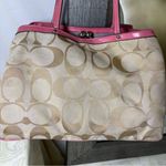 Coach  signature stripe framed carryall khaki satchel with pink leather trim Photo 5