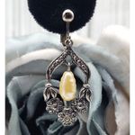 Vintage Silver Tone Drop Dangle Faux Pearl & Floral Hoop Earrings Clip On 1.75" Photo 6