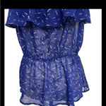 One Clothing  Los Angeles Navy Blue Crane Print Sheer Peplum Blouse Women’s L Photo 5