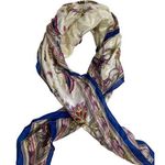 Large Square Satin Scarf With Multicolor Floral Pattern & Blue Border Photo 0