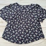 Lucky Brand  Navy Floral V Neck Pleated Button Front Top Size Medium Photo 4