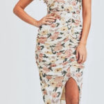 Mable Floral Print Ruched Bodycon Dress Spaghetti Strap Midi Slit Photo 0