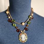 Crystal Glass Bead Cameo Necklace Earrings and Stretch Ring Set Green Photo 2
