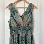 Dress Barn  Retro Print Flutter Hem Midi Dress  Teal Green Brown Whimsical Size 10 Photo 1