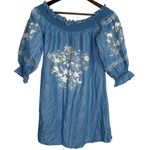 ZARA  Off The Shoulder Embroidered Denim Chambray Floral Mini Dress XS Blue White Photo 1