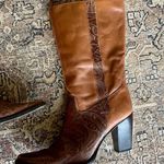 Vintage Tooled Leather Western Cowboy Stacked Heel Boots in Cognac Brown Photo 1