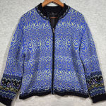 Nomadic Traders Lambswool Blend Zip Up Cardigan Blue Patterned Lined Jacket‎ Size L Photo 0