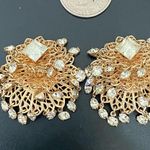 Unique Vintage  Gold-tone Rhinestones Waterfall Ornate Clip On Earrings 22g Photo 2