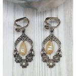 Vintage Silver Tone Drop Dangle Faux Pearl & Floral Hoop Earrings Clip On 1.75" Photo 2