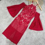 Bardot Mila Lace Dress Cold Shoulder Flare Sleeve Halter Neck Red Cut Out Back 4 Photo 0