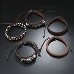 6 Pcs Set Vintage Style PU Leather Stylish Bracelets with‎ Retro Look Brown Photo 3