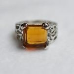 Source Unknown Amber Beveled Glass Center Filigree Silver Tone Band Size 12 Retro Chic Ring Photo 1