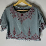 Free People Blue Adriana Woven Tee Embroidered Crop XS Boho Beach Photo 0